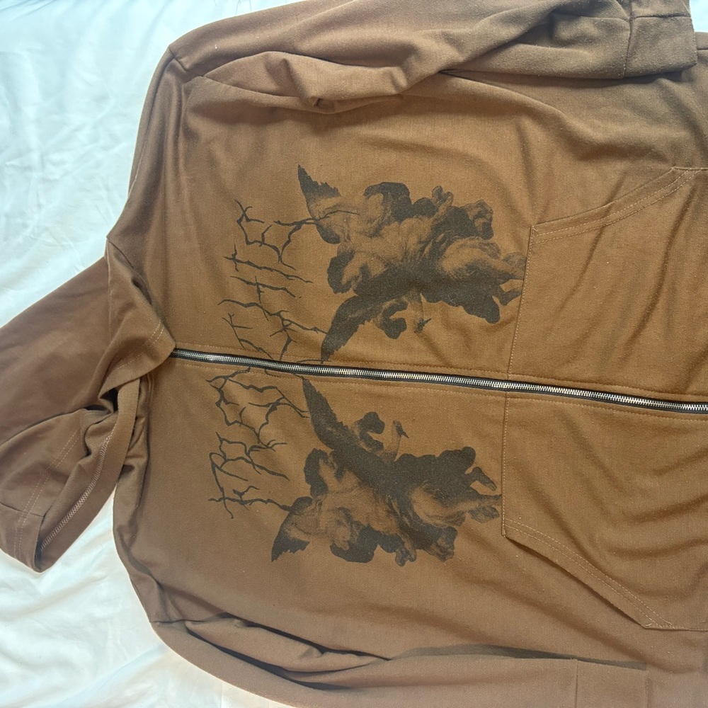 Brown Zip-Up Hoodie with Black angel Graphic